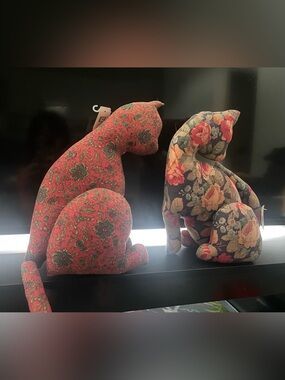 Pair of Floral Fabric Cats - Coral & Navy